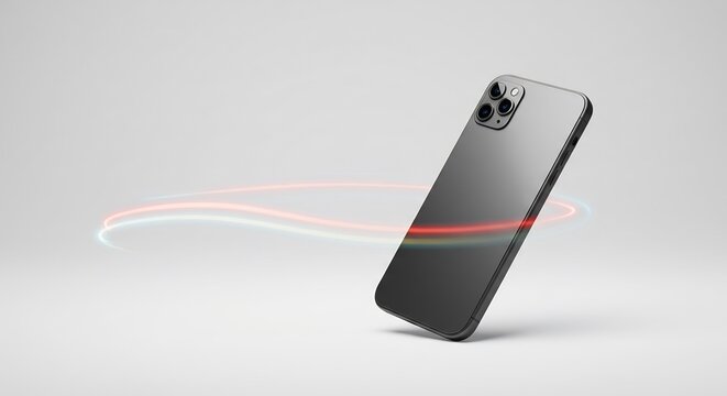 Sleek black smartphone floats gently showcasing vibrant light trails. AI Generated - Powered by Adobe