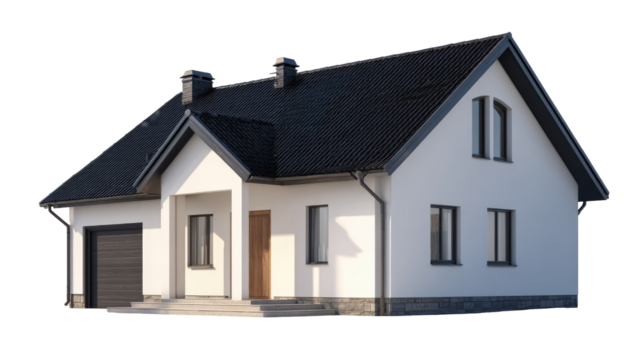 3D rendering of a modern, single-family home.  Exterior view, showcasing a white facade, dark gray roof, and a garage