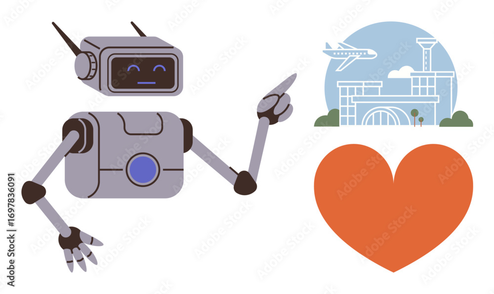 Poster smiling robot gesturing at an airport with airplane and control tower plus a large heart shape. idea