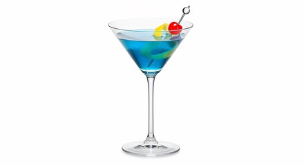 Vibrant blue cocktail elegantly rests in a crystal martini glass bathed in bright studio light. AI Generated