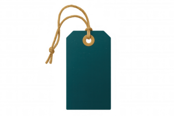 Teal green cardboard tag dangling from knotted string, metal eyelet visible, transparent backdrop awaiting personalization