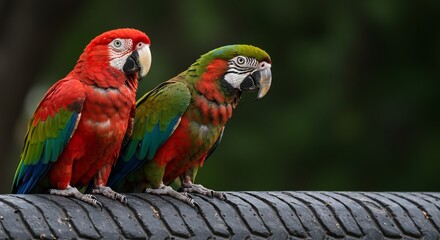 Obraz premium Vibrant scarlet macaws perch gracefully on dark textured pipe bathed in soft sunlight. AI Generated