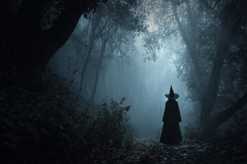 Fototapeta premium Halloween witch standing on dark foggy forest path way, Halloween mystery concept