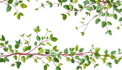 Obraz premium Close up of vibrant green leaves and red stems on branches against a black background space around