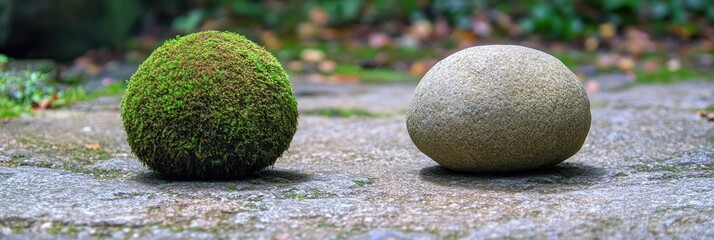 Two spherical objects, one covered in vibrant green moss, the other a light gray stone, sit on a stone surface