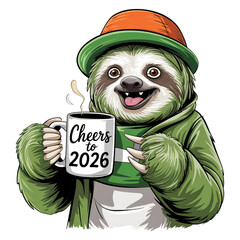 Adorable sloth celebrates 2026 with a cheers, sporting festive hat and hoodie, joyful anticipation