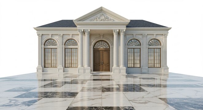 Elegant Neoclassical House Exterior Design Brightly Lit. AI Generated