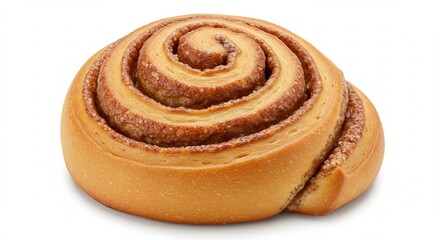 Fototapeta premium Golden brown cinnamon roll swirls sweetly against white background. AI Generated