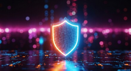 Digital Shield Glows Protecting Data against Cyber Threats in Neon City