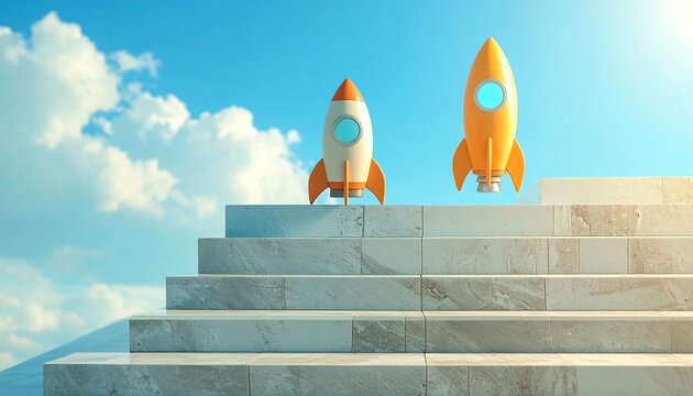 Two cartoon rockets on marble steps ascend to a sunny sky