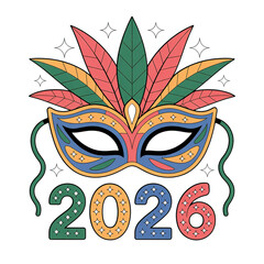 Celebrate 2026 Mardi Gras with a vibrant mask design for festive holiday promotions