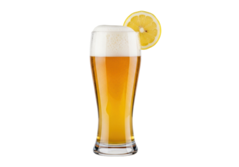 Pristine German Hefeweizen glass with cloudy golden wheat beer, creamy foam, and a vibrant lemon slice on the rim, isolated on a transparent background, high key lighting, concept for beverage