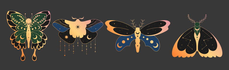 Mystical moon boho butterfly collection with celestial moths and decorative wings for spiritual artwork. Insects with gradient wings, stars and crescents for tarot cards or witchy aesthetic designs.