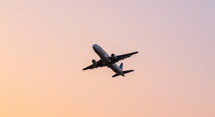 Fototapeta premium Silhouetted airplane ascends gracefully into soft pastel sunset sky. AI Generated