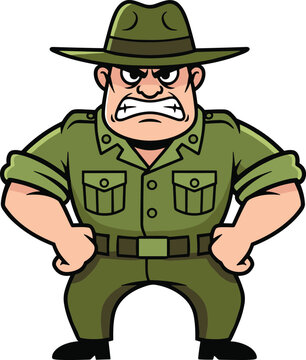 Cartoon drill sergeant, military character, green uniform, stern face, ranger pose, vector illustration, cad drawing, flat design, authority figure, leadership icon