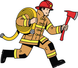 Cartoon firefighter, emergency action, red helmet, fire hose, axe in hand, vector illustration, cad drawing, flat design, rescue hero, brave responder
