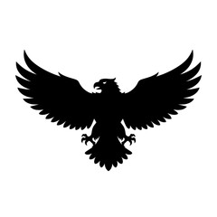 Fototapeta premium Black silhouette of an eagle with outstretched wings, viewed from the front, isolated on a white background.