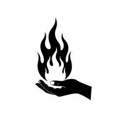 A black silhouette of a hand holding a stylized flame against a white background.