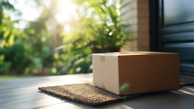 Cardboard box on doormat at residential front door delivery package