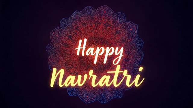 Vibrant Happy Navratri greeting with colorful mandala design on dark background
