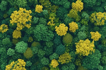 Aerial view of a vibrant forest, featuring various shades of green and yellow trees