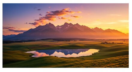 Golden sunrise dramatically illuminates majestic mountain range reflected in tranquil lake. AI Generated