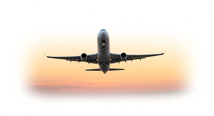 Fototapeta premium Airplane ascends gracefully through warm sunset light. AI Generated