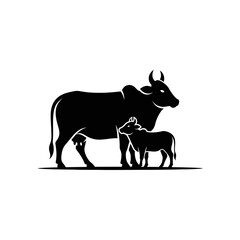 Fototapeta premium Silhouette illustration of an adult cow standing next to its calf, both facing right, depicted in black against a white background.
