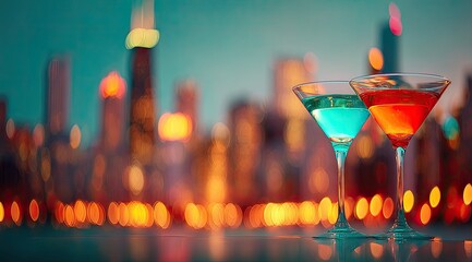 Two cocktails in martini glasses sit in front of a blurred Chicago skyline at twilight