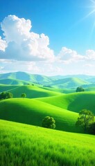 Serene rolling hills of lush green pastureland under a bright, sunny sky Ideal for backgrounds, nature themes, or agricultural projects Peaceful countryside scene , scenic, animals, grazing