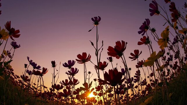 A low-angle video captures vibrant wildflowers silhouetted against a stunning sunset sky, creating a serene and picturesque natural scene.