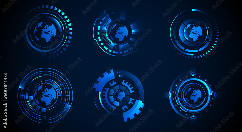 Poster set of hud technology circle modern user interface elements with world map design. circular futurist