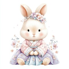 Obraz premium Enchanting Bunny: A charming illustration of a bunny wearing floral crown and traditional dress, exuding elegance and grace, it is perfect for children.