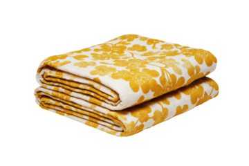 Folded blanket, mustard yellow floral print on cream