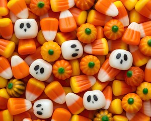 Abundant Pile Of Assorted Halloween Candies Featuring Candy Corn, Pumpkins, And Ghost Shapes image photo