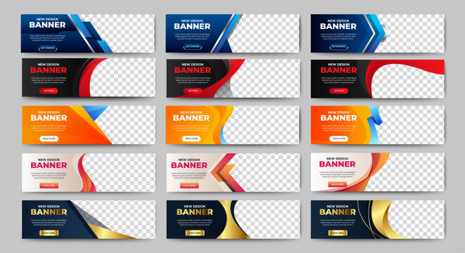 Big set of horizontal business banner templates. Modern technology design, abstract background layout with photos. Editable Vector corporate and advertising business banner layout template. vector
