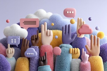 Colorful hands with speech bubbles representing communication and interaction in digital art