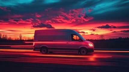 Fototapeta premium Delivery van at sunset, motion blur