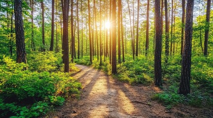 Fototapeta premium Sunlit forest path. Lush greenery and tall trees line a dirt trail, bathed in golden sunlight