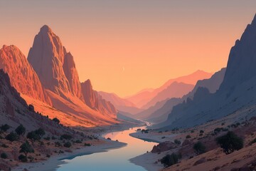 Naklejka premium Serene sunset view of desert mountains and meandering river in pastel hues