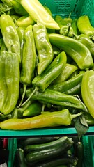 Pile of fresh green peppers displayed in a green plastic crate at a market or store