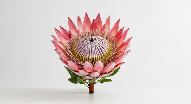 Pink King Protea flower blooms brightly against a stark white background soft light enhances delicate petals.. AI Generated