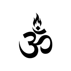 A black graphic symbol representing the sacred Hindu mantra "Om" or "Aum," adorned with a flame and a dot, symbolizing spiritual essence and divine energy.