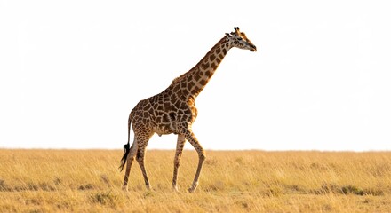 Obraz premium Elegant giraffe gracefully strides across golden savanna bathed in warm sunlight. AI Generated