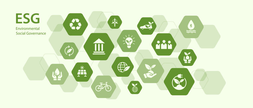 ESG Environment Social and Governance Concept Icons for Sustainable Business Management and Corporate Strategy, Green Vector Illustration