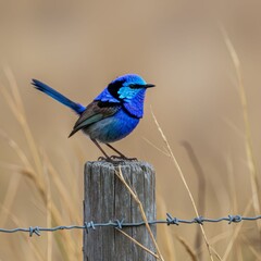 Vibrant blue fairy-wren on a wooden post.