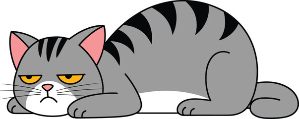Grumpy gray tabby cat lying down, unhappy feline illustration, cartoon sad kitty vector, annoyed pet animal character isolated