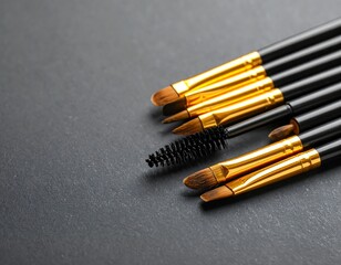 Makeup brushes arranged on dark slate