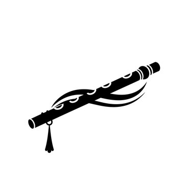 A black silhouette icon of a traditional transverse flute with decorative swirls and a hanging tassel.
