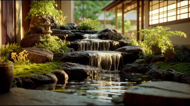Tiny waterfall onto a lush green carpet of moss Japanese style for nature and water therapy.